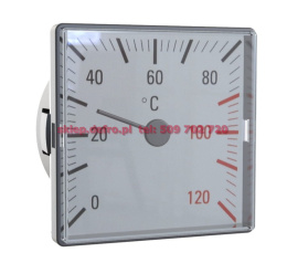 Square mechanical thermometer with black and red scale